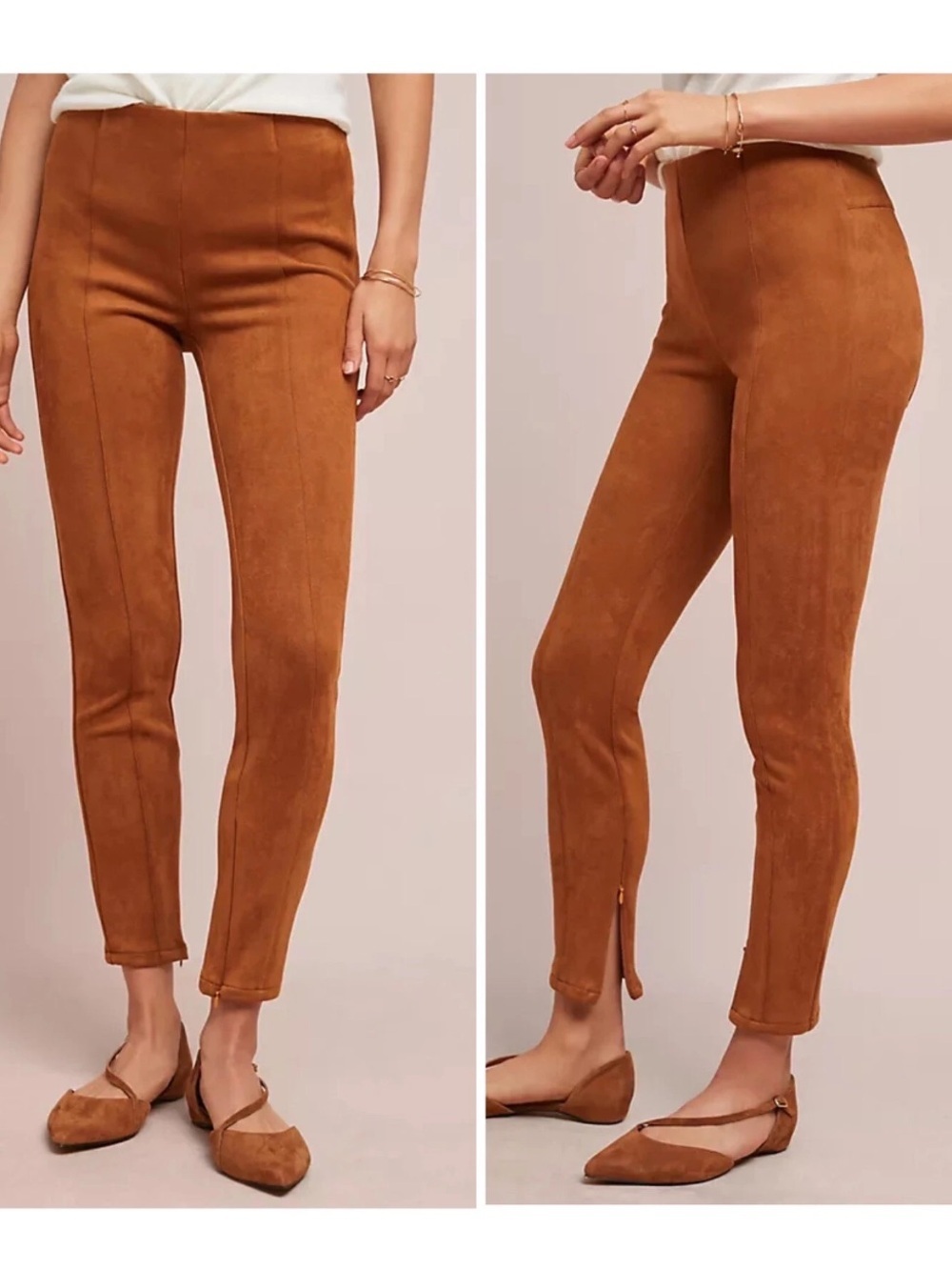 Anthropologie Faux Suede Leggings Pants Women 27 Cedar Brown Slim Ankle Zip NWT